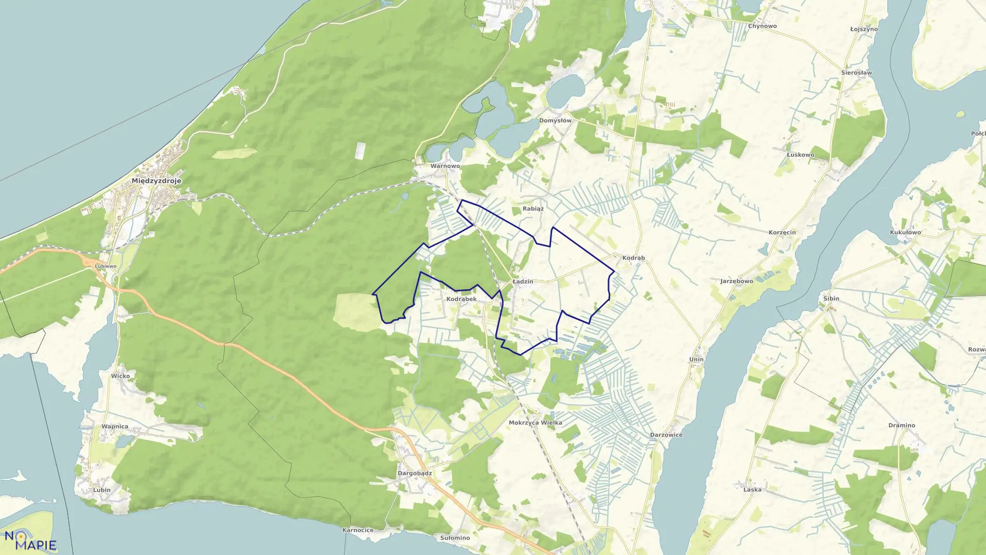 Mapa obrębu Ładzin w gminie Wolin