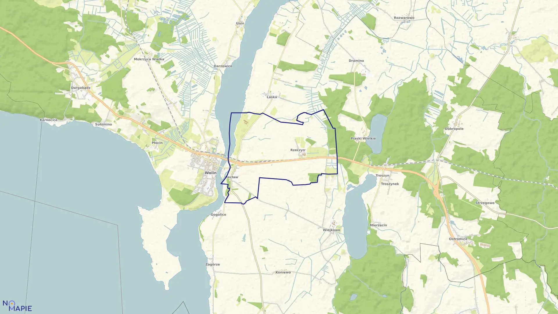 Mapa obrębu Recław w gminie Wolin
