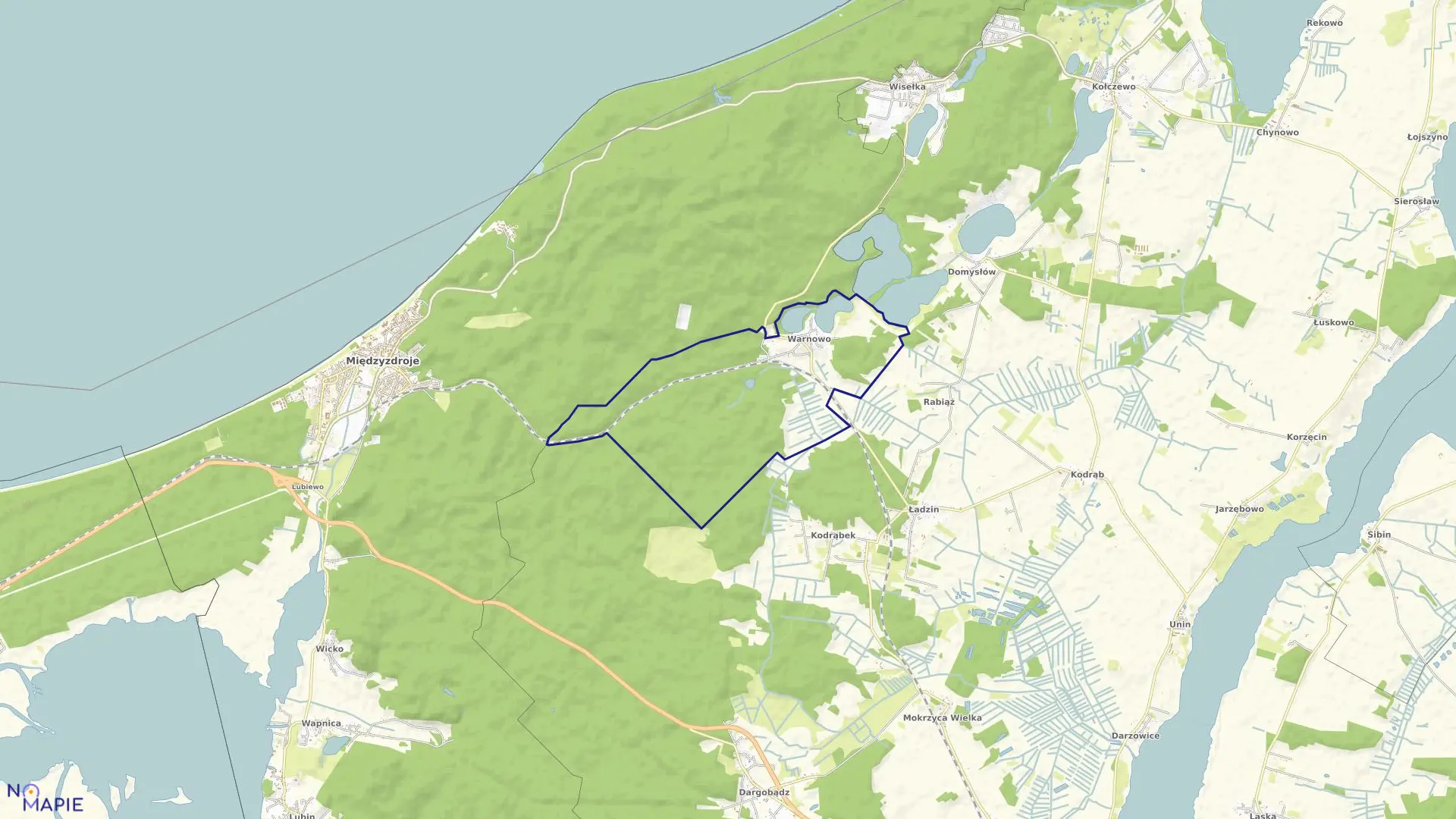 Mapa obrębu Warnowo w gminie Wolin